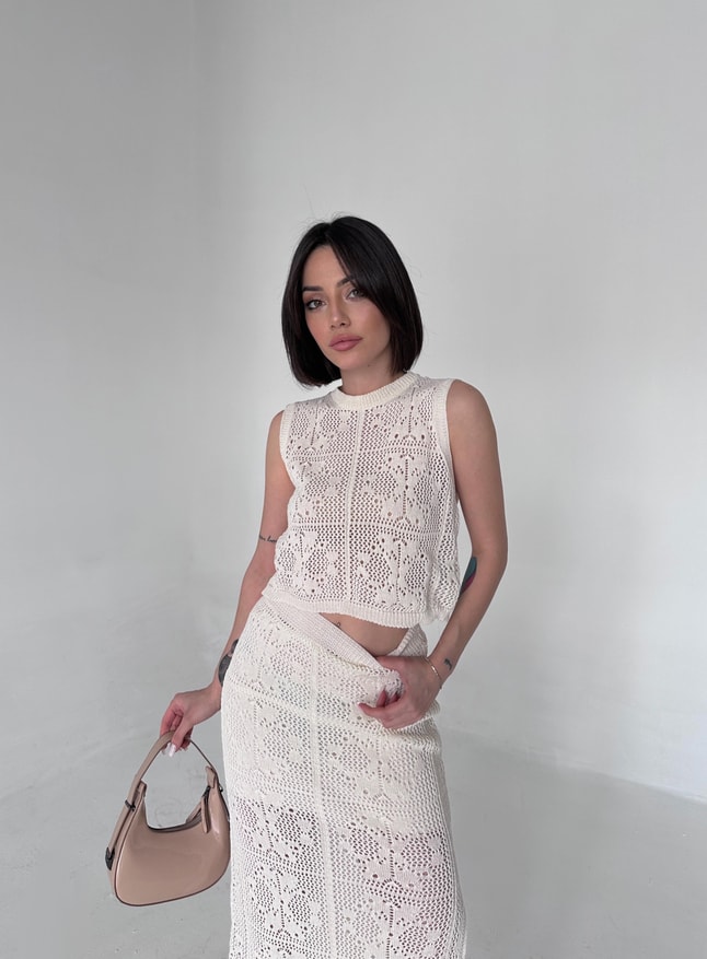 Ekru Crop Etek Triko Takım