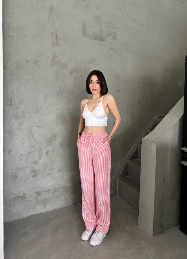 Keten Pembe Çizgili Pantolon 