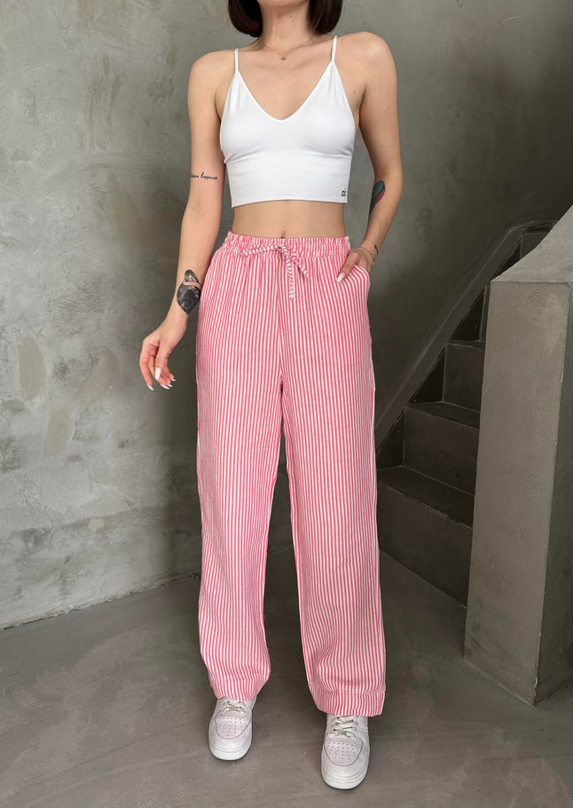 Keten Pembe Çizgili Pantolon 