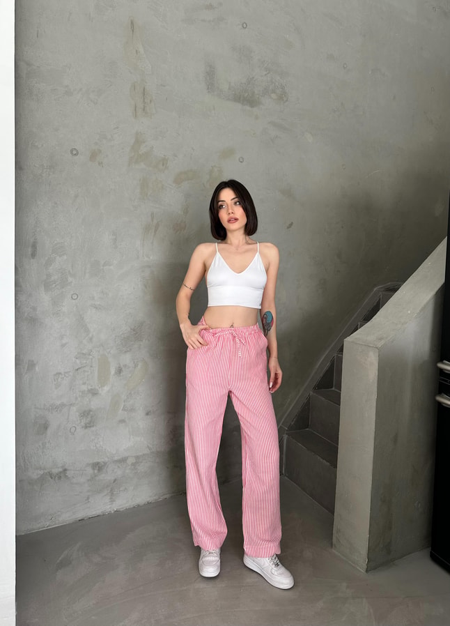Keten Pembe Çizgili Pantolon 