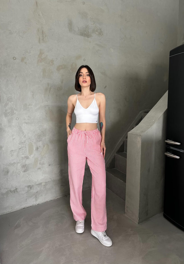 Keten Pembe Çizgili Pantolon 
