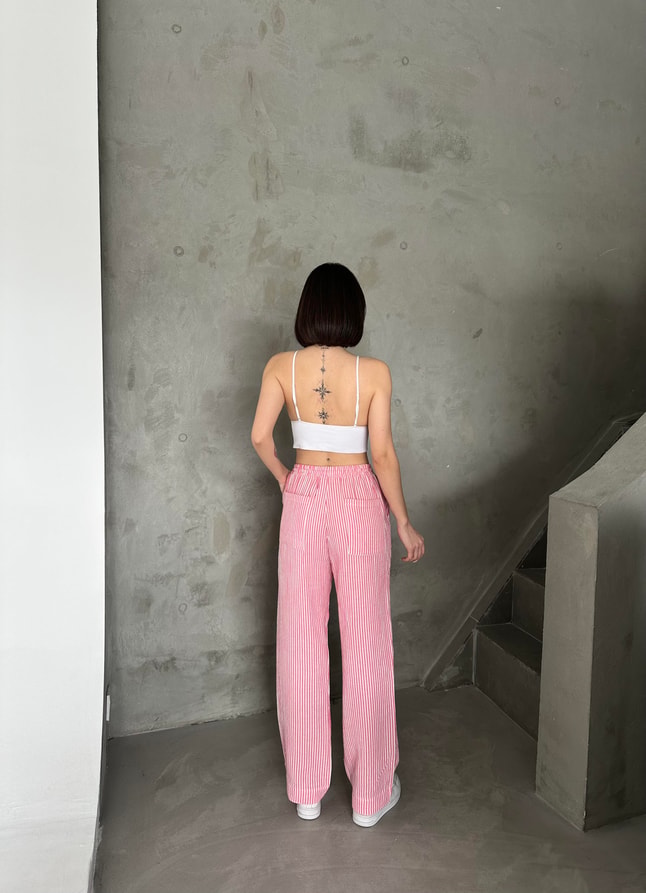 Keten Pembe Çizgili Pantolon 
