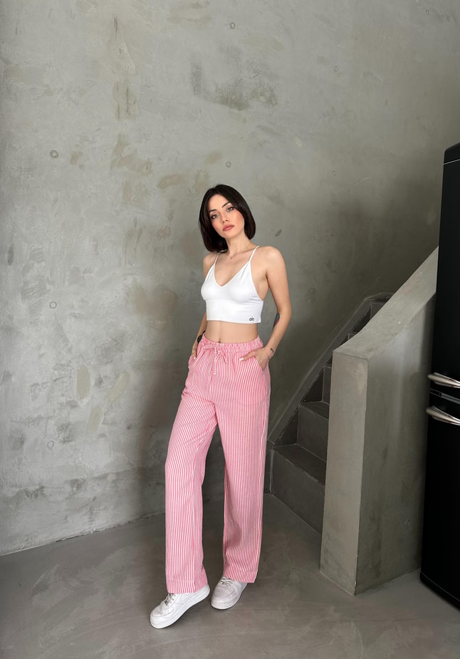 Keten Pembe Çizgili Pantolon 