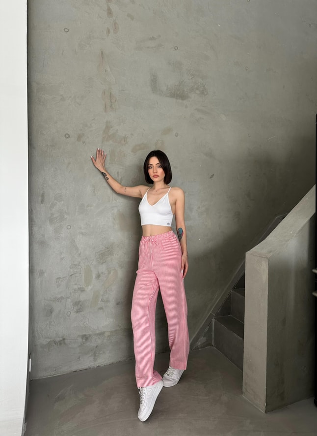 Keten Pembe Çizgili Pantolon 