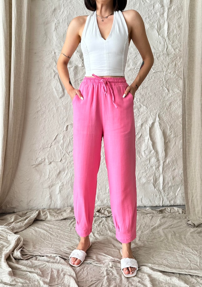 Paça Detay Pembe Müslin Pantolon