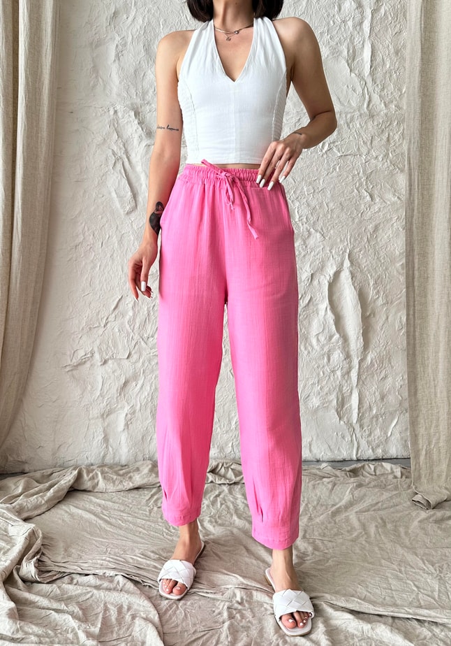 Paça Detay Pembe Müslin Pantolon