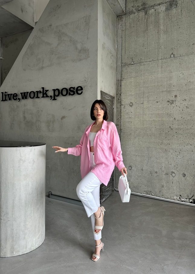 Pembe Oversize Tensel Gömlek
