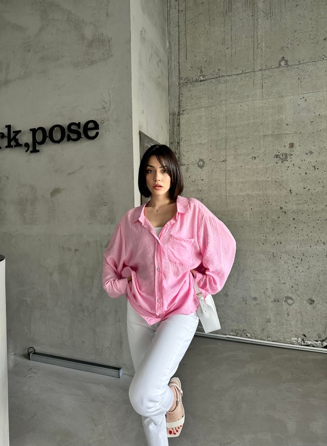 Pembe Oversize Tensel Gömlek