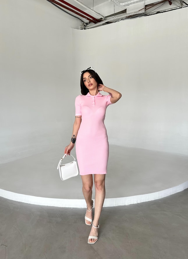 Pembe Polo Yaka Fitilli Elbise