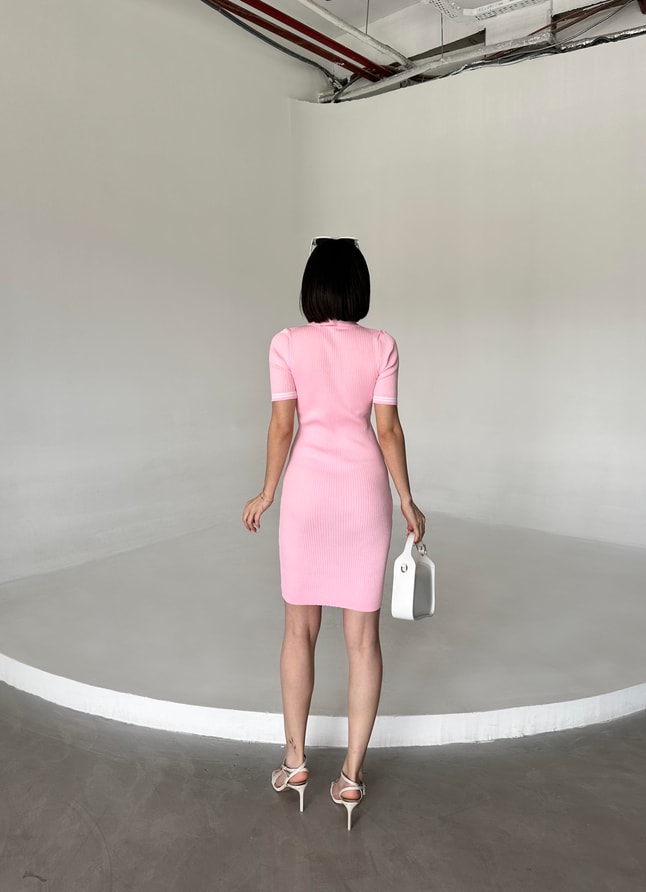 Pembe Polo Yaka Fitilli Elbise