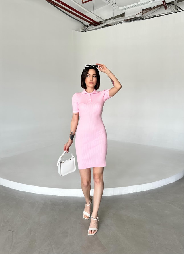 Pembe Polo Yaka Fitilli Elbise