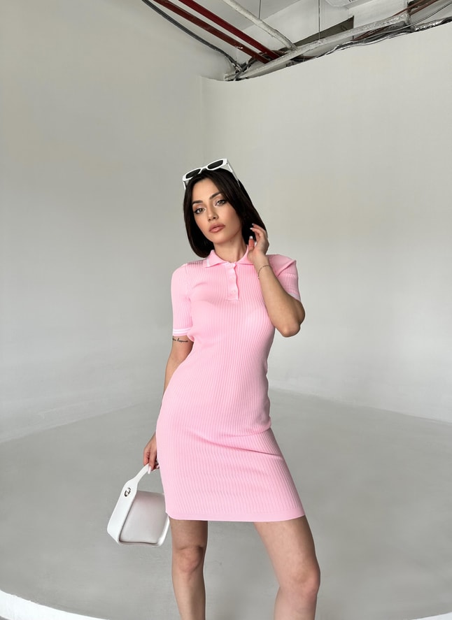 Pembe Polo Yaka Fitilli Elbise