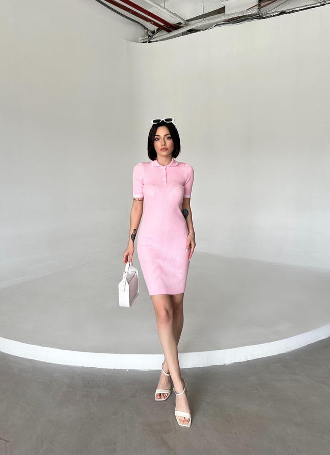 Pembe Polo Yaka Fitilli Elbise