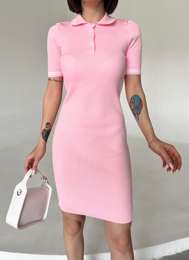 Pembe Polo Yaka Fitilli Elbise