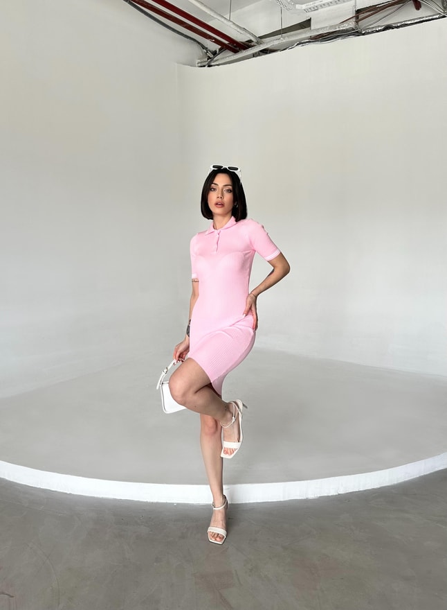 Pembe Polo Yaka Fitilli Elbise