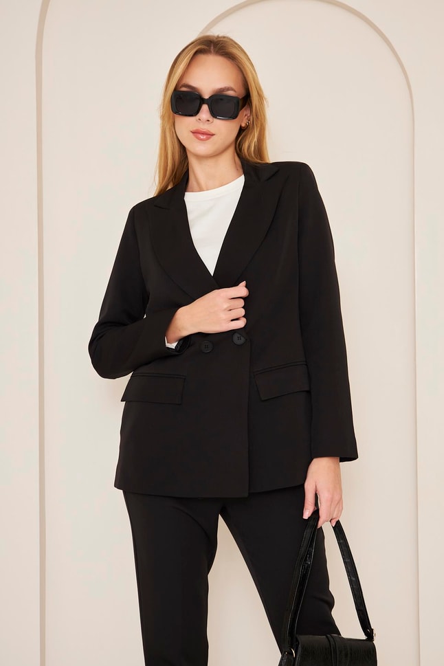Siyah Kruvaze Blazer Ceket