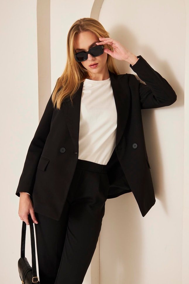 Siyah Kruvaze Blazer Ceket