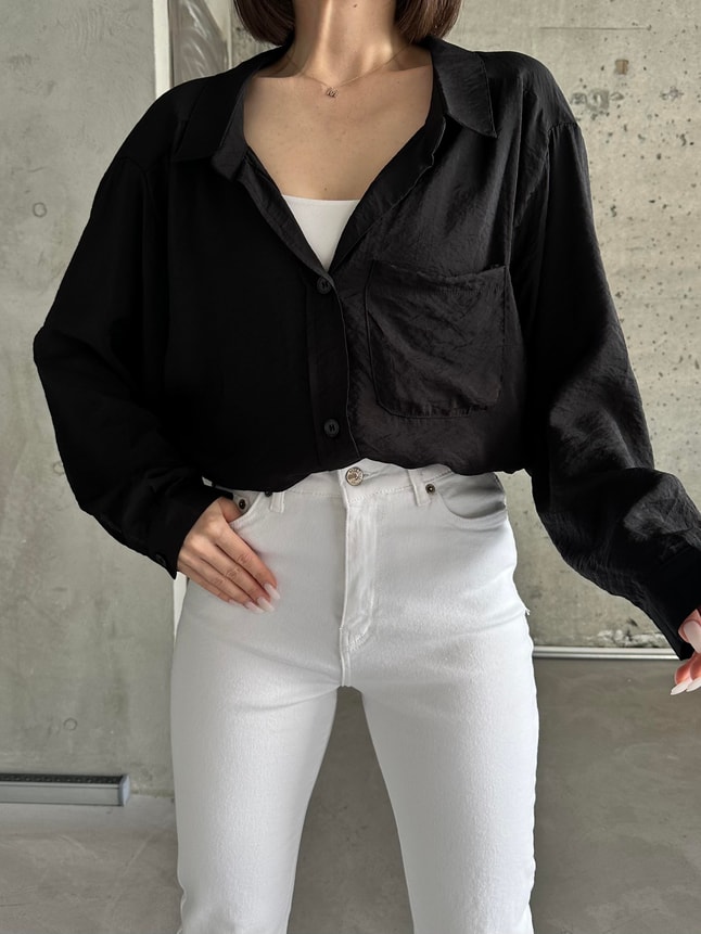 Siyah Oversize Tensel Gömlek 