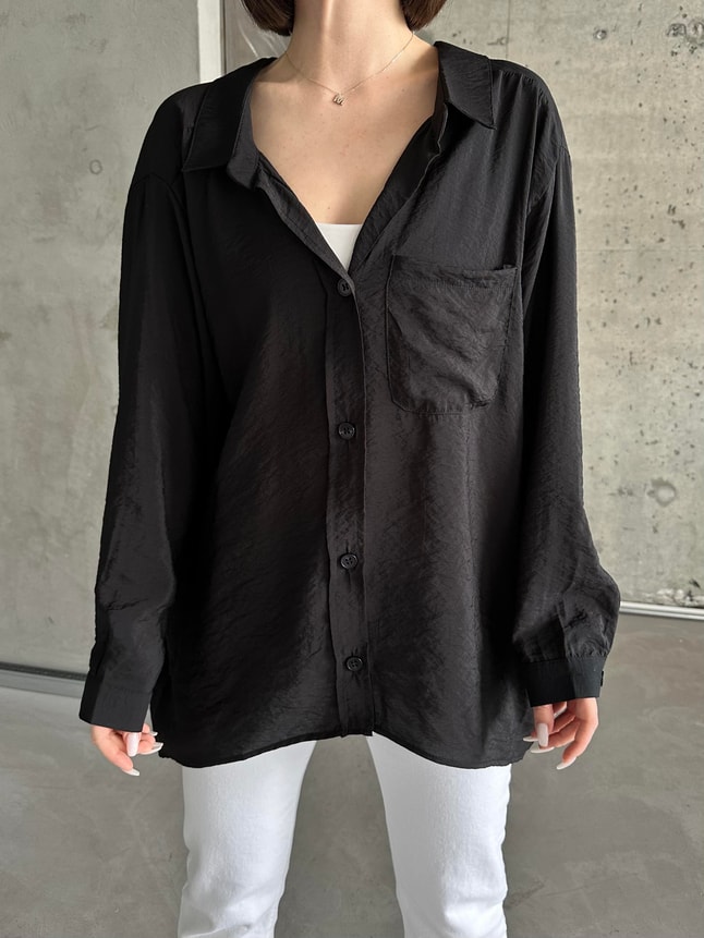 Siyah Oversize Tensel Gömlek 