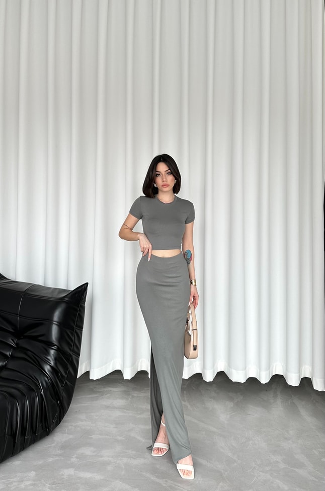 TİNA SOFT YEŞİL ÖZEL DOKUMA CROP ETEK TAKIM