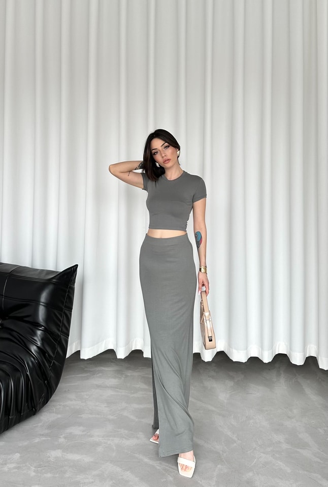 TİNA SOFT YEŞİL ÖZEL DOKUMA CROP ETEK TAKIM