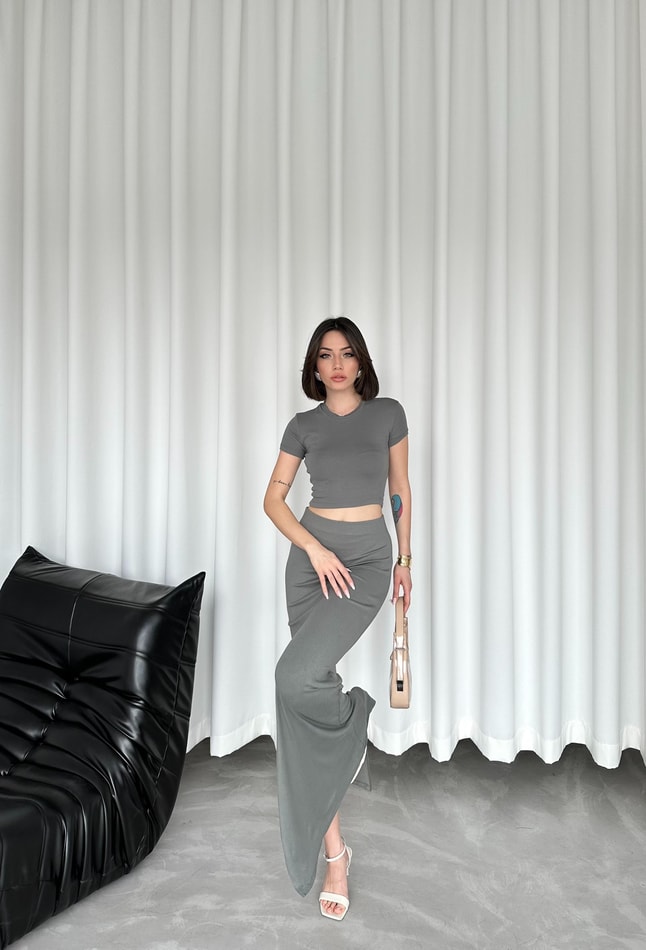 TİNA SOFT YEŞİL ÖZEL DOKUMA CROP ETEK TAKIM