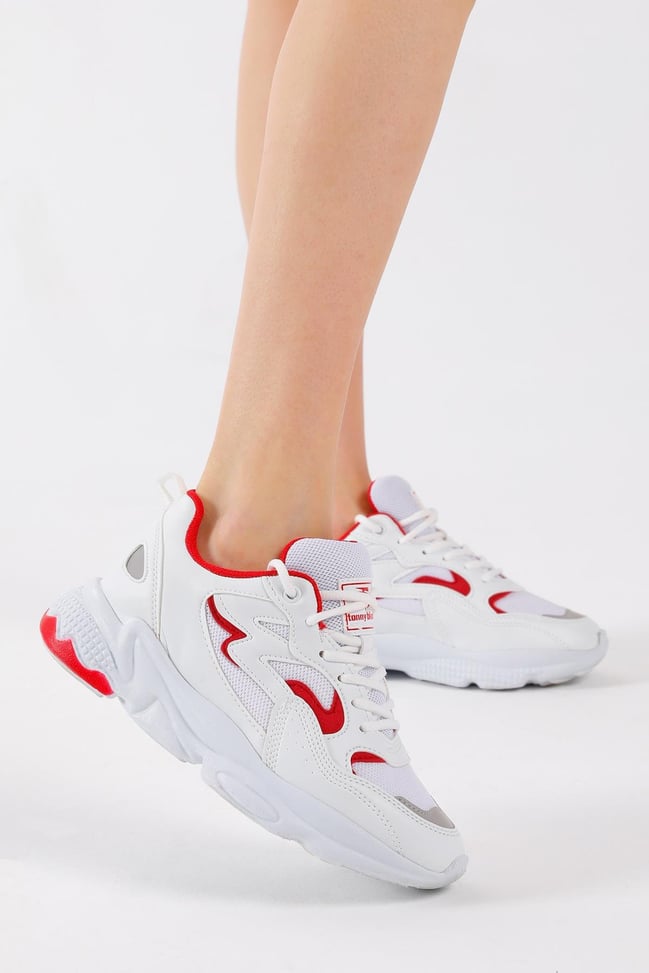 Rahat Kalıp Yüksek Taban Bağcıklı Unisex Beyaz Kırmızı Spor Ayakkabı TB251-0