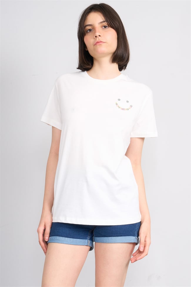 C.K Y26 8959 Fithit Byn B.Yk Regular Nakışlı T-shirt Krem