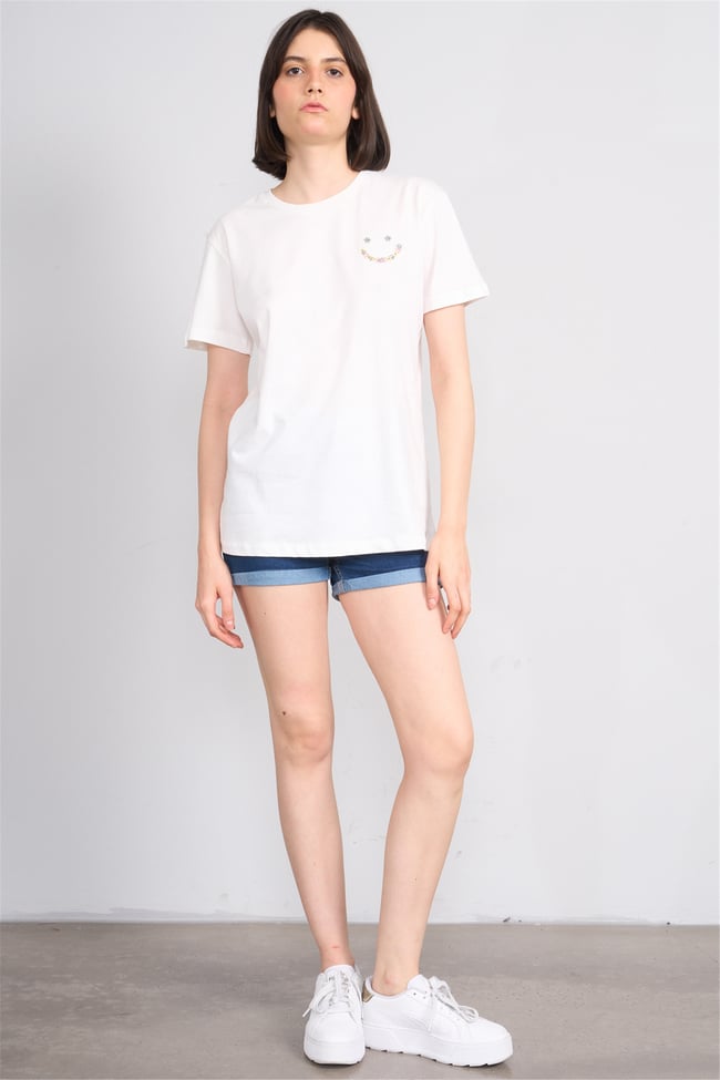 C.K Y26 8959 Fithit Byn B.Yk Regular Nakışlı T-shirt Krem