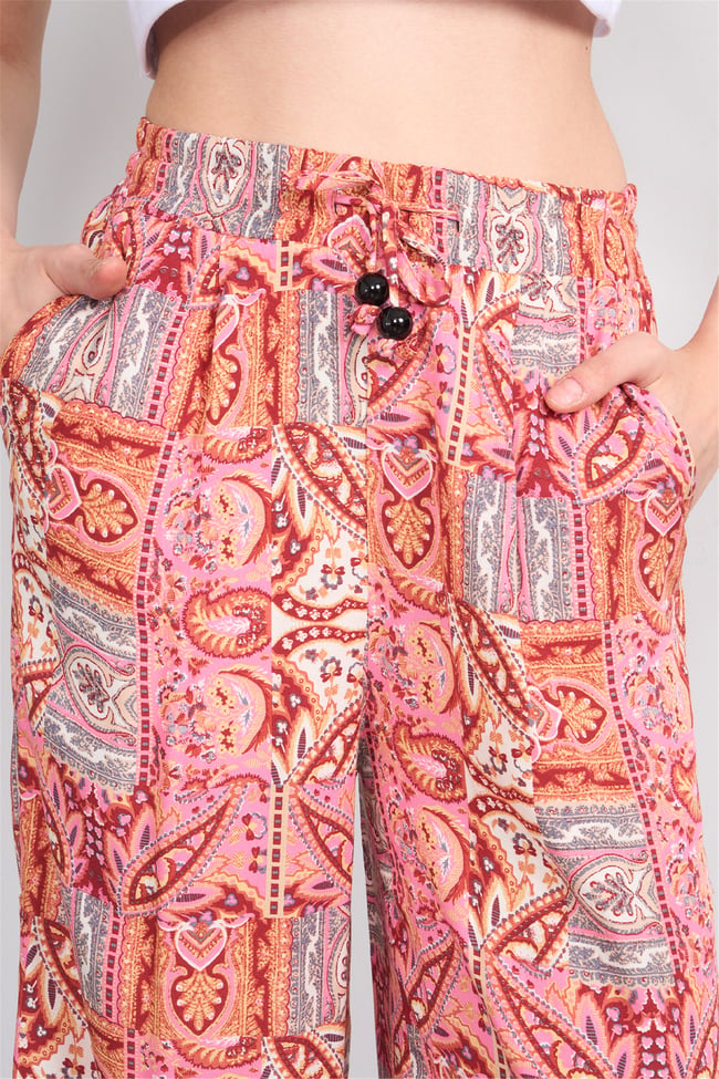 Fithit 7454 Bayan Viskon Geniş Paça Pantolon Romantik Patchwork Desen