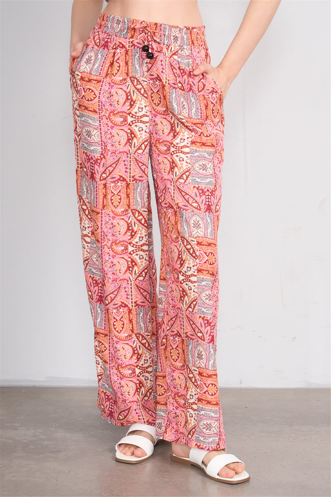Fithit 7454 Bayan Viskon Geniş Paça Pantolon Romantik Patchwork Desen