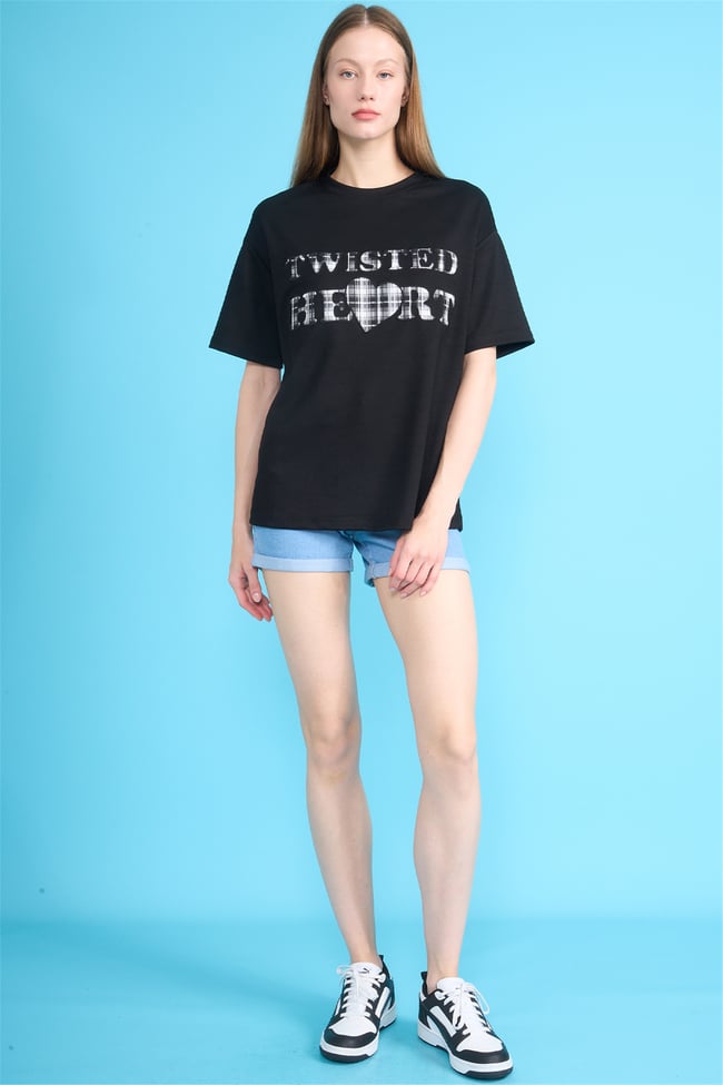 Helly Y26 Mb-8457 Siyah Kadın Yazılı T-Shirt S-Xl