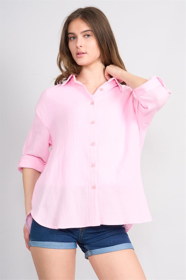 Hisset Y26 Gt1024 Pembe Kadın Müslin Arkası Pileli Gömlek 38-44