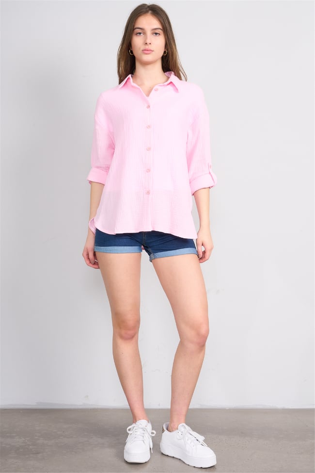 Hisset Y26 Gt1024 Pembe Kadın Müslin Arkası Pileli Gömlek 38-44