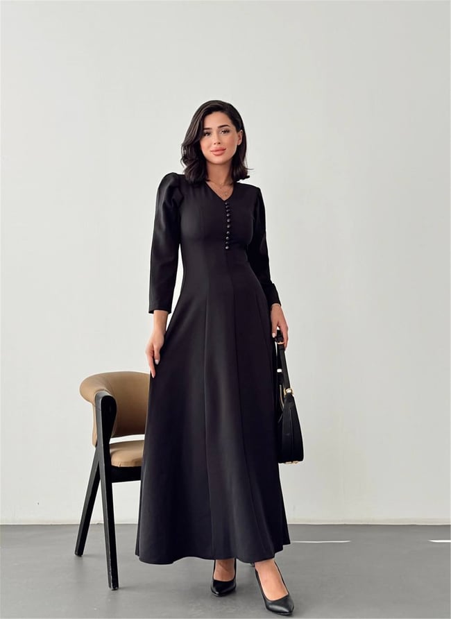 Nesil Y26 Eu3143 Siyah Kadın Uzun Kollu Yakası Düğmeli Elbise S-Xl