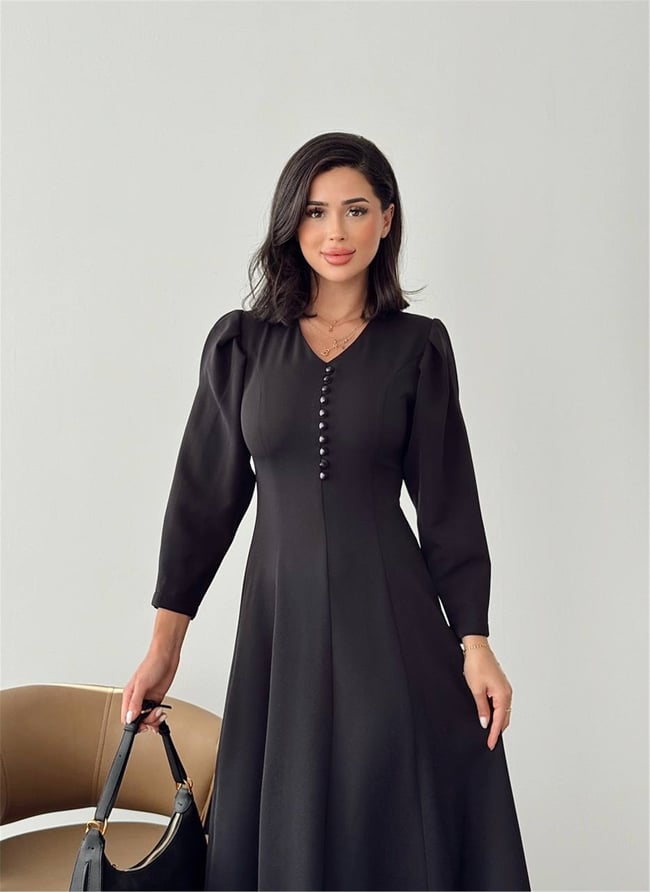 Nesil Y26 Eu3143 Siyah Kadın Uzun Kollu Yakası Düğmeli Elbise S-Xl