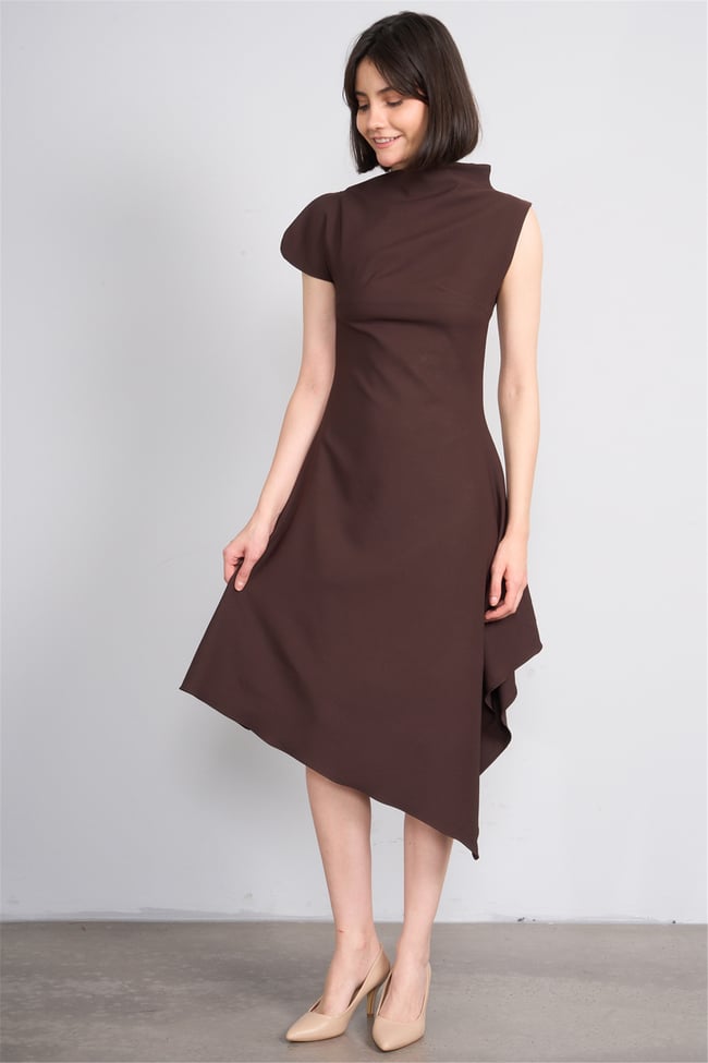 Nesil Y26 Eu3169 Kahve Kadın Asimetrik Yaka Midi Boy Elbise S-Xl