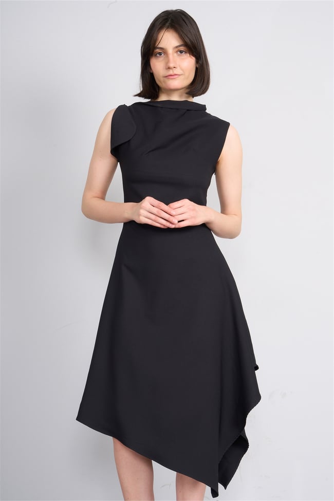 Nesil Y26 Eu3169 Siyah Kadın Asimetrik Yaka Midi Boy Elbise S-Xl