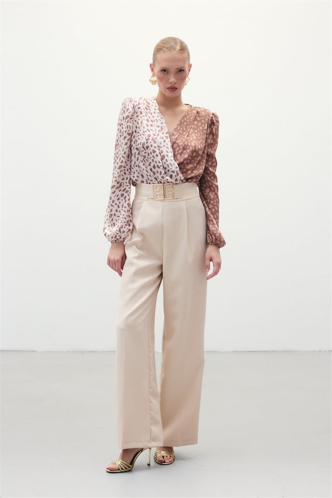 Sateen Y26 1254-5510 Toka Detaylı Bol Paça Pantolon Taş