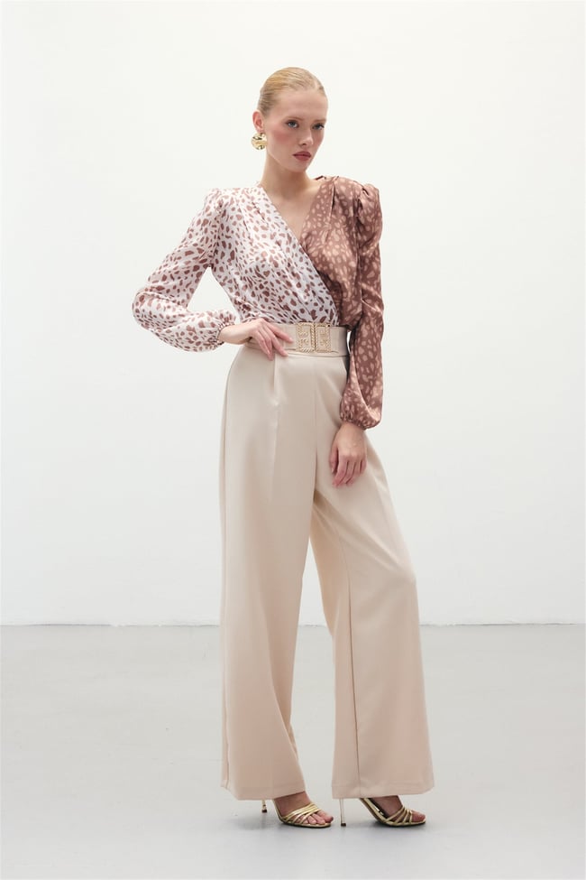 Sateen Y26 1254-5510 Toka Detaylı Bol Paça Pantolon Taş
