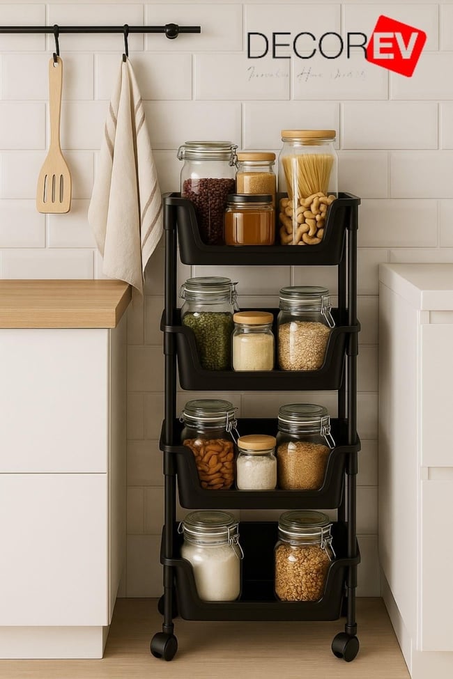 Decorev 4 Katlı Tekerlekli Plastik Organizer Raf Çok Amaçlı Mutfak Banyo Ve Ofis Düzenleyici (Siyah) DC-6824