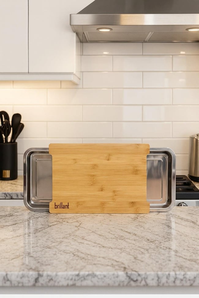 Bambu Kesme Tahtası Metal Hazneli – Hijyenik Doğrama Ve Saklama Düzenleyici Tepsi BR-6597