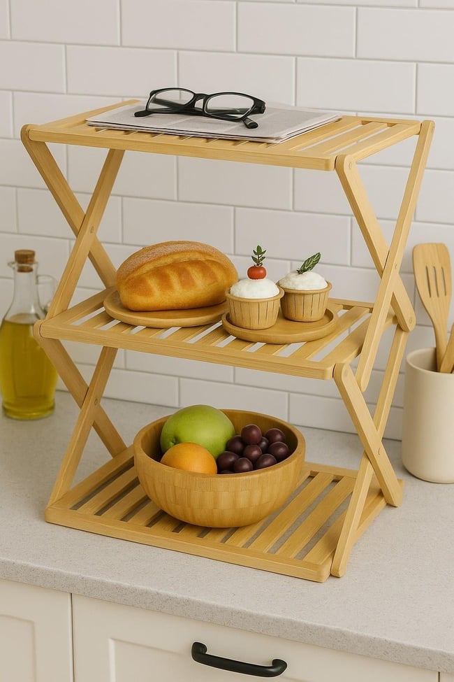 Decorev Doğal Bambu Katlanabilir 3 Katlı Raf – Çok Amaçlı Mutfak, Banyo Ve Dekoratif Organizer BR-6715