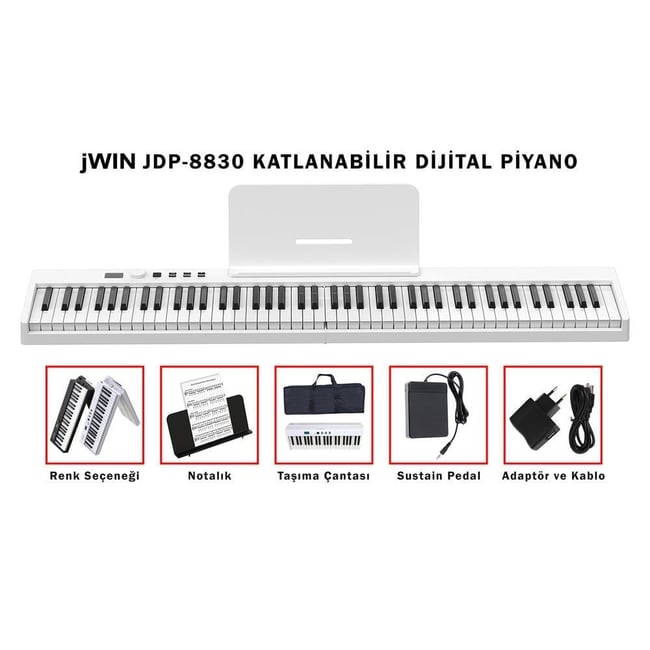 Jwin JDP-8830 Tuş Hassasiyetli Katlanabilir Bluetooth + Şarjlı Piyano - Beyaz