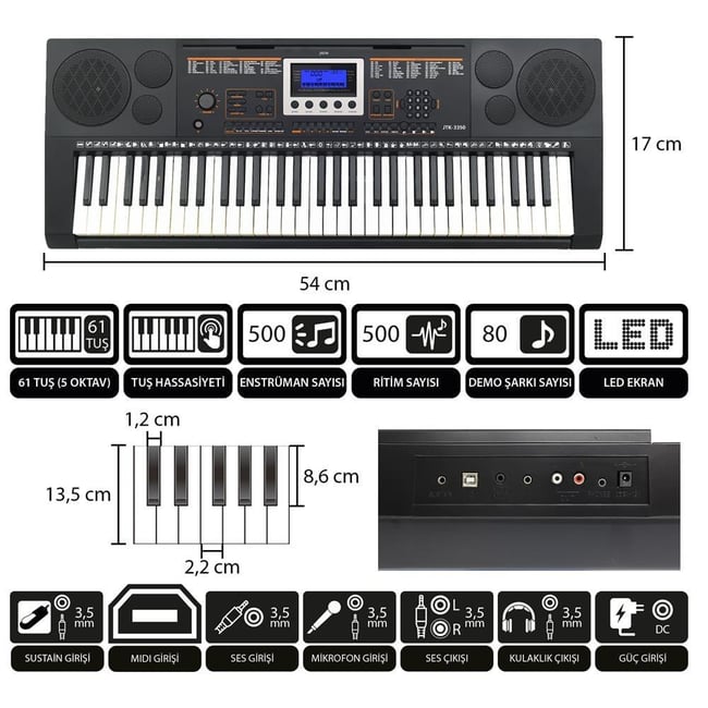 Jwin JTK-3350 61 Tuş Hassasiyetli 5 Oktav Org (Adaptör Hediye)