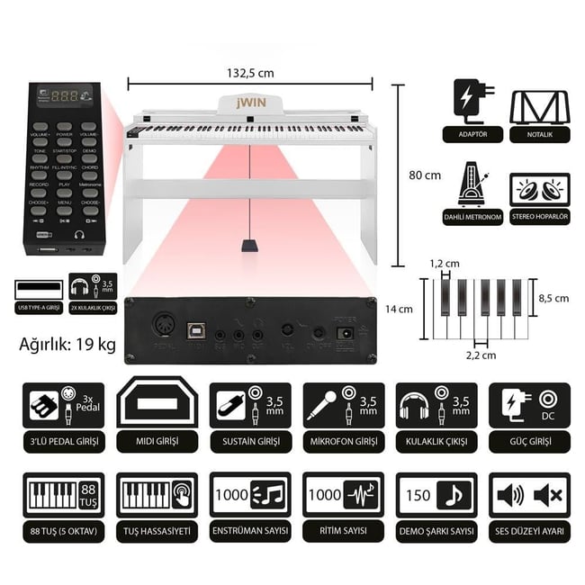 Jwin SDP-92 Tuş Hassasiyetli 88 Tuşlu Kapaklı Dijital Piyano - Beyaz