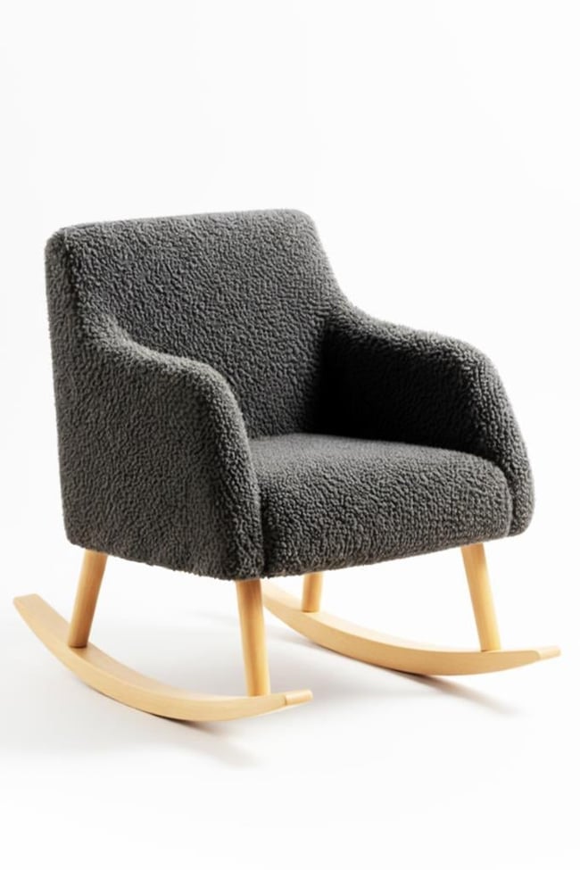 LOOP Sallanan Sandalye – Antrasit Teddy Kumaş | Doğal Ahşap Ayaklı Berjer - Sallanan Koltuk