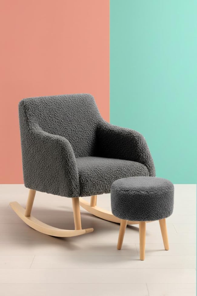 LOOP Sallanan Sandalye ve Puf Seti – Antrasit Teddy Kumaş Ahşap Ayaklı Berjer - Sallanan Koltuk Puf