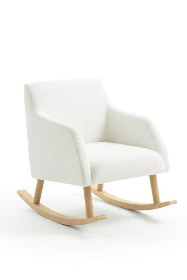 LOOP Sallanan Sandalye ve Puf Seti – Ekru Teddy Kumaş Ahşap Ayaklı Berjer - Sallanan Koltuk Puf