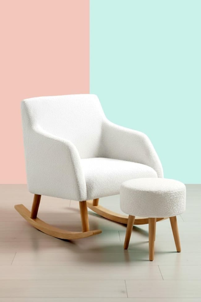 LOOP Sallanan Sandalye ve Puf Seti – Ekru Teddy Kumaş Ahşap Ayaklı Berjer - Sallanan Koltuk Puf